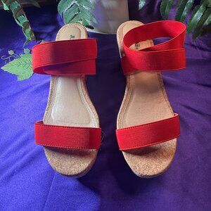 📌JustFab Comfy Red Elastic Strappy Cork 3" Wedge Sandals w/ Platform  Once Worn